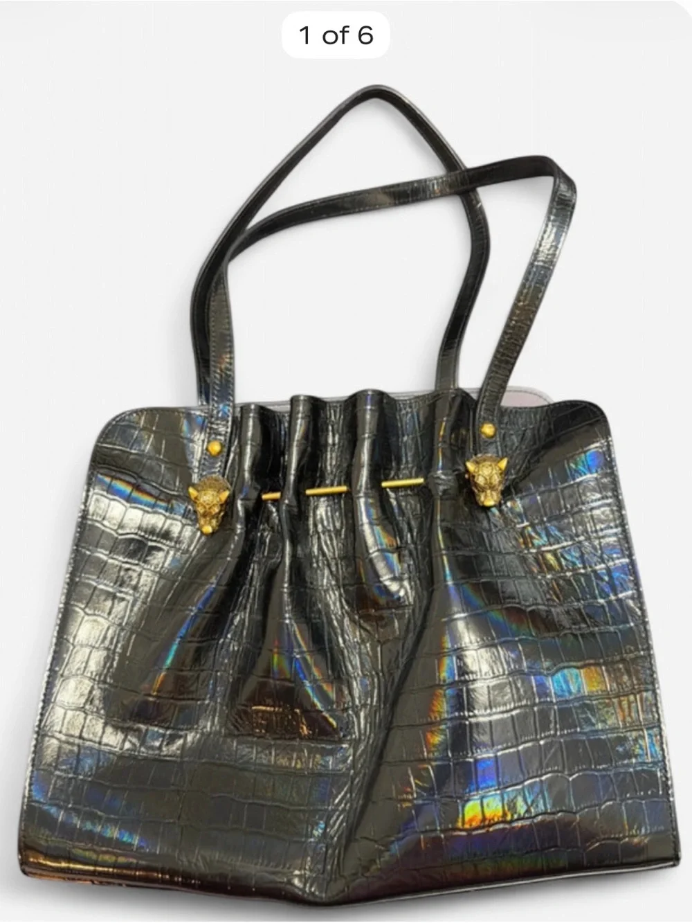 Sharif Black Croc-Embossed Shoulder Bag with Gold Accents